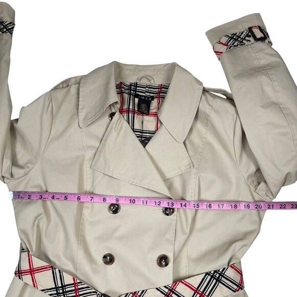 IMAN Women's Trench Coat Medium Beige Cotton Belted Double Breasted Plaid Trim - Picture 9 of 13